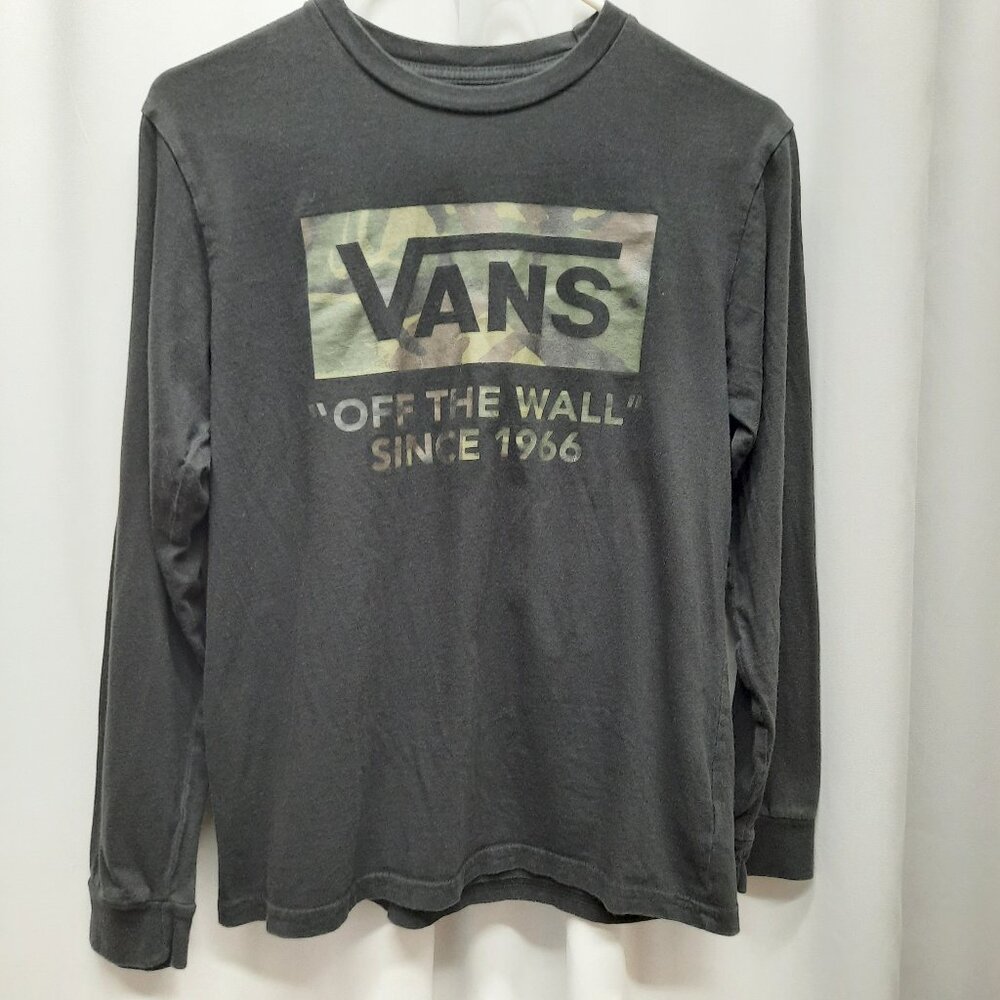 Vans "Off The Wall" Boys Long Sleeve T-Shirt Black Camo Logo Size Large (14/16)
